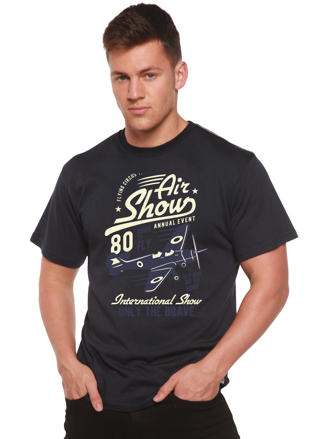 T-shirt à manches courtes avec motif graphique en viscose de bambou et coton biologique pour homme, motif « Meeting aérien »