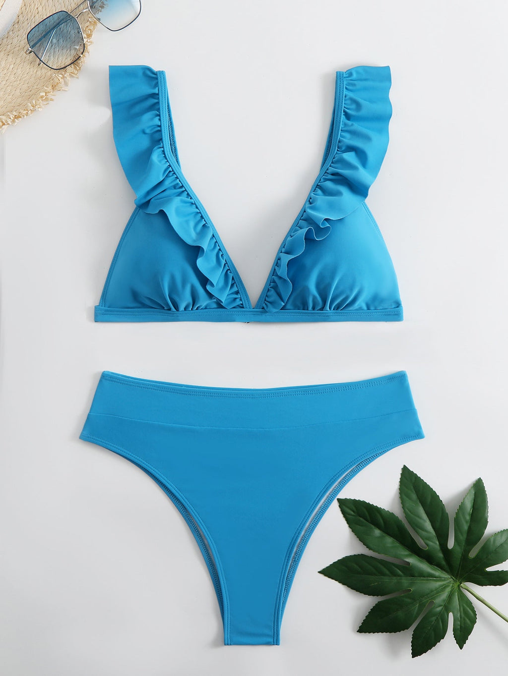 Maillots de bain femme bikini taille haute à volants col en V, ensemble deux pièces, maillots de bain triangulaires à volants mignons, maillots de bain femme marron uni, nouveaux maillots de bain de plage