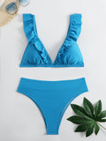 Maillots de bain femme bikini taille haute à volants col en V, ensemble deux pièces, maillots de bain triangulaires à volants mignons, maillots de bain femme marron uni, nouveaux maillots de bain de plage