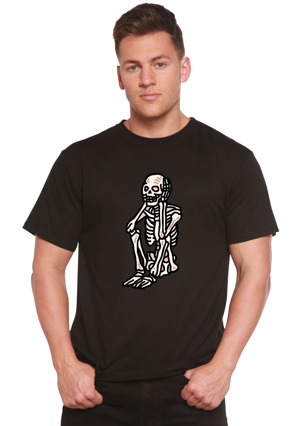 T-shirt graphique unisexe squelette triste Halloween en bambou viscose/coton biologique à manches courtes
