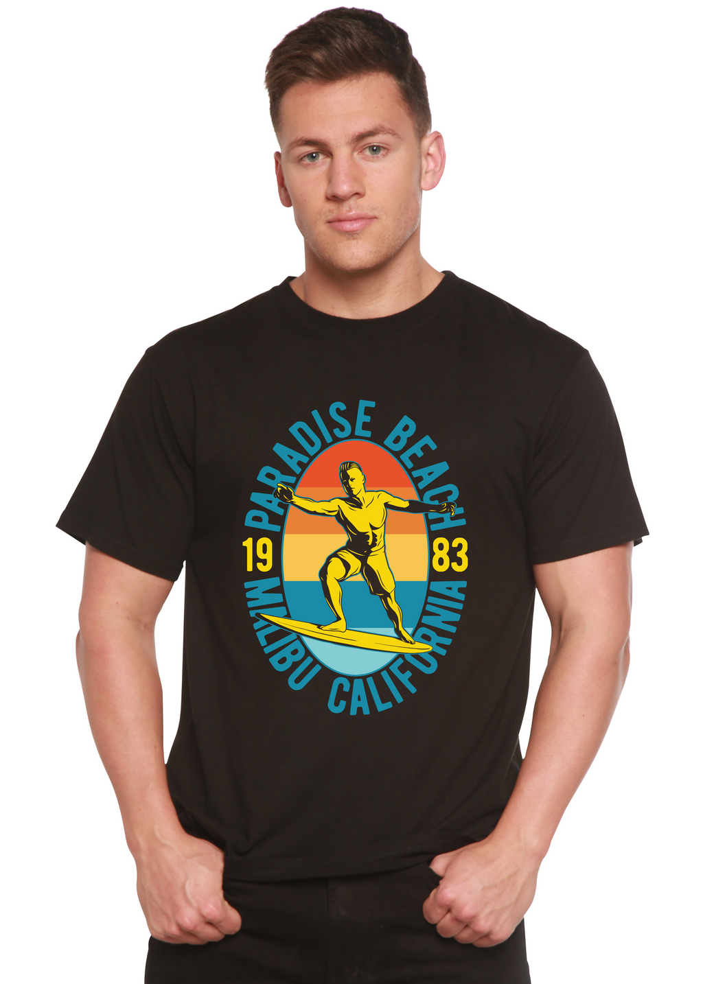 T-shirt graphique Paradise Beach 1983 à manches courtes en viscose de bambou/coton biologique pour homme