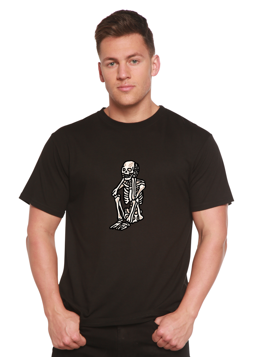 T-shirt graphique unisexe squelette triste Halloween en bambou viscose/coton biologique à manches courtes