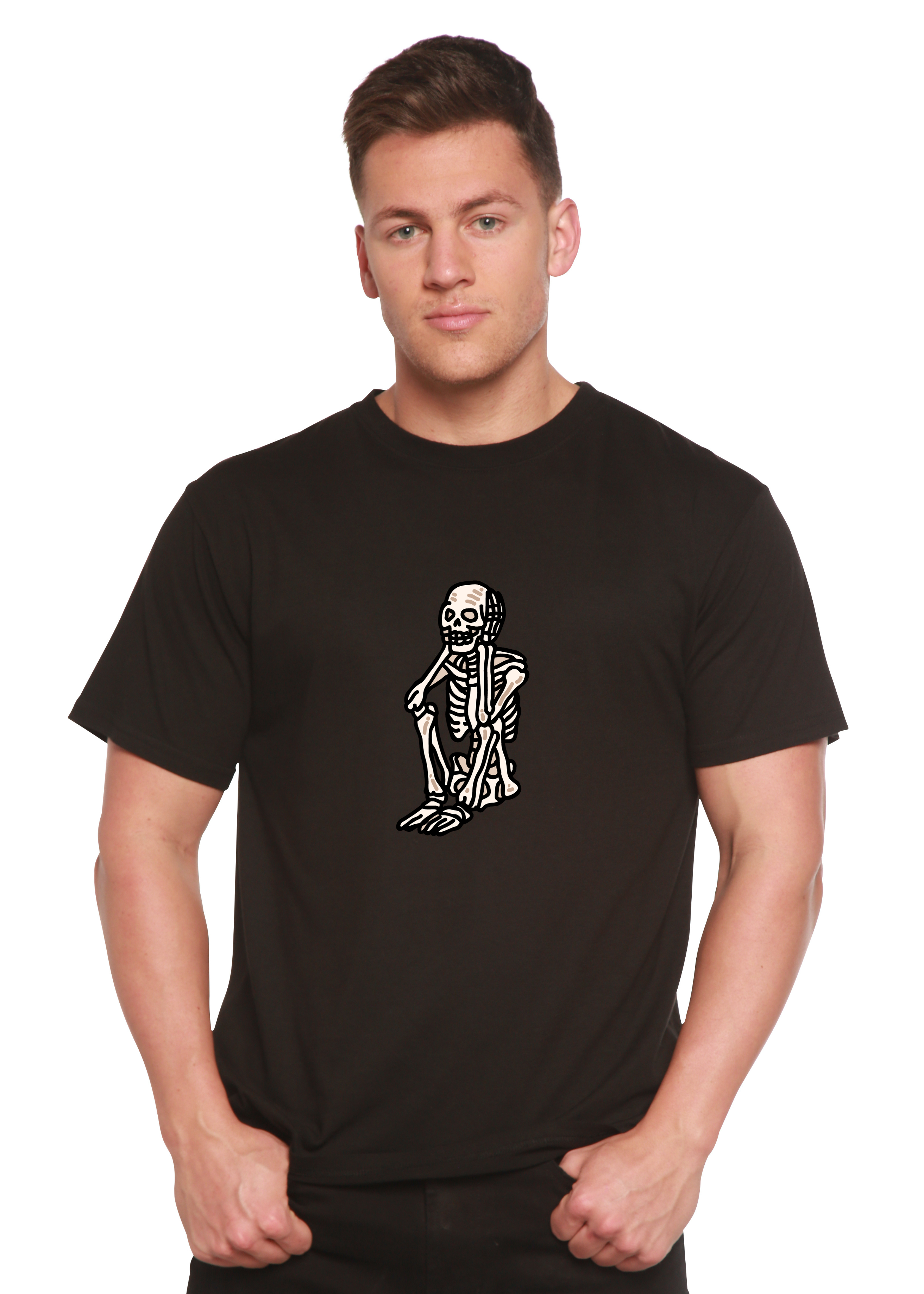 T-shirt graphique unisexe squelette triste Halloween en bambou viscose/coton biologique à manches courtes
