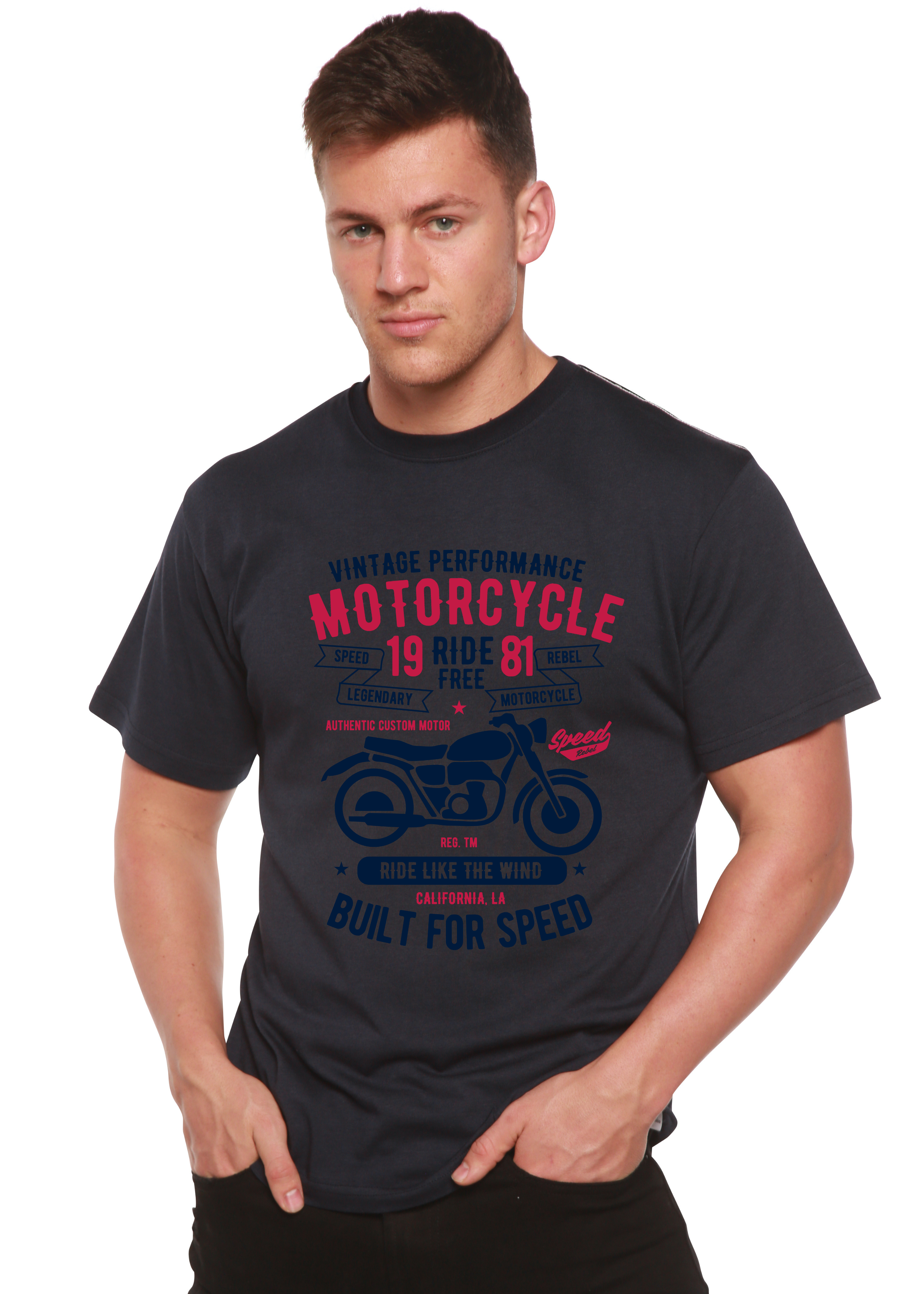 T-shirt graphique à manches courtes pour hommes en bambou/coton biologique "Motorcycle Ride Free"