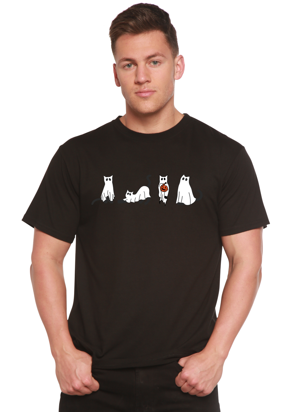 T-shirt graphique à manches courtes en viscose de bambou/coton biologique pour homme - Chats d'Halloween