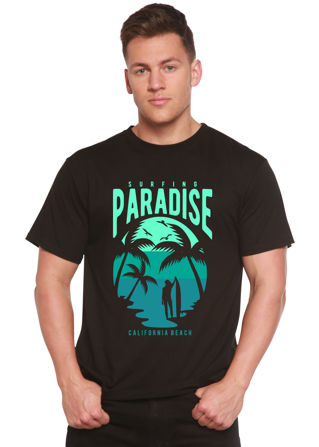T-shirt graphique à manches courtes pour homme en viscose de bambou/coton bio Surfing Paradise California Spun Bamboo®