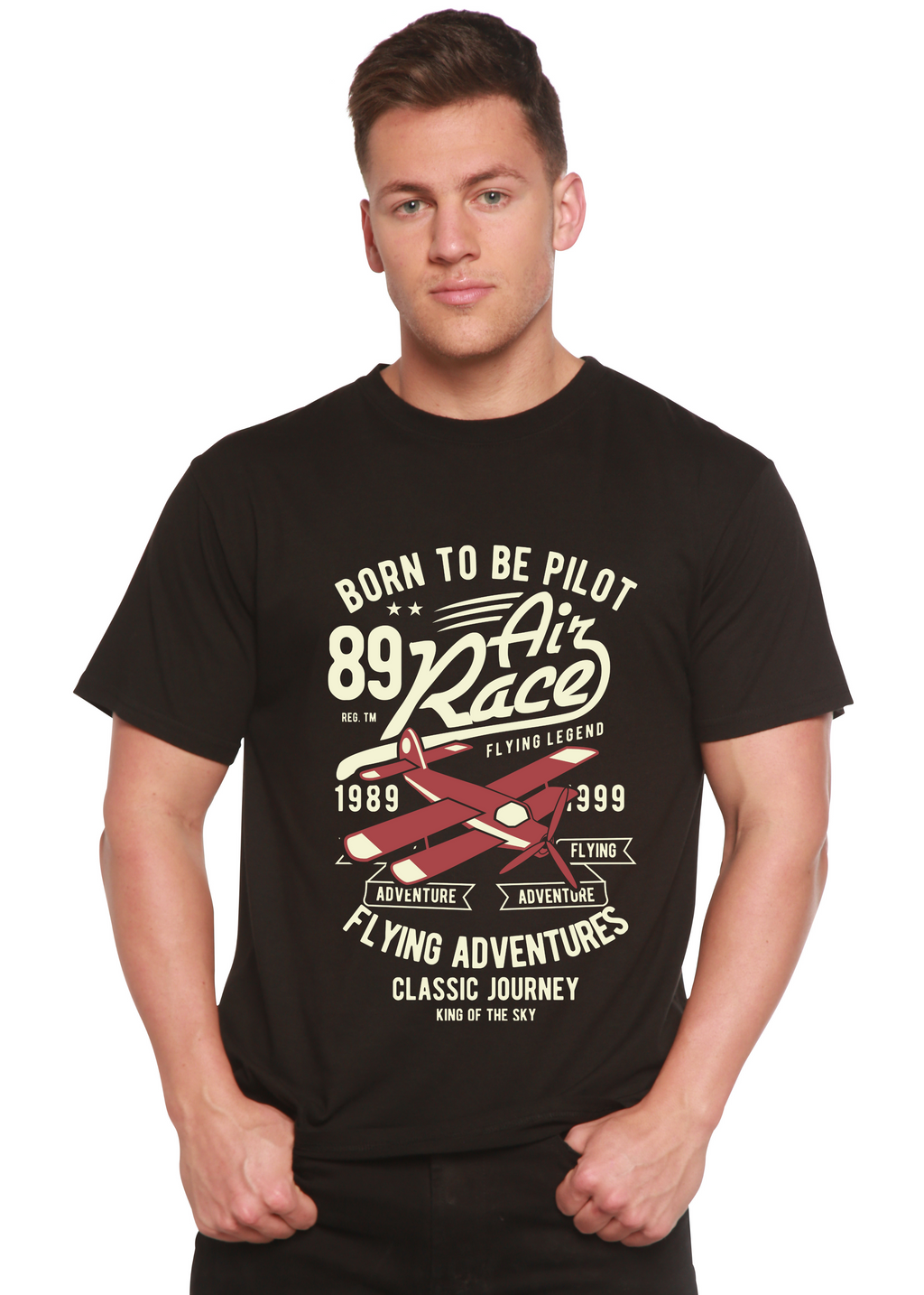 T-shirt graphique à manches courtes pour homme en viscose de bambou/coton biologique motif "Born To Be Pilot"