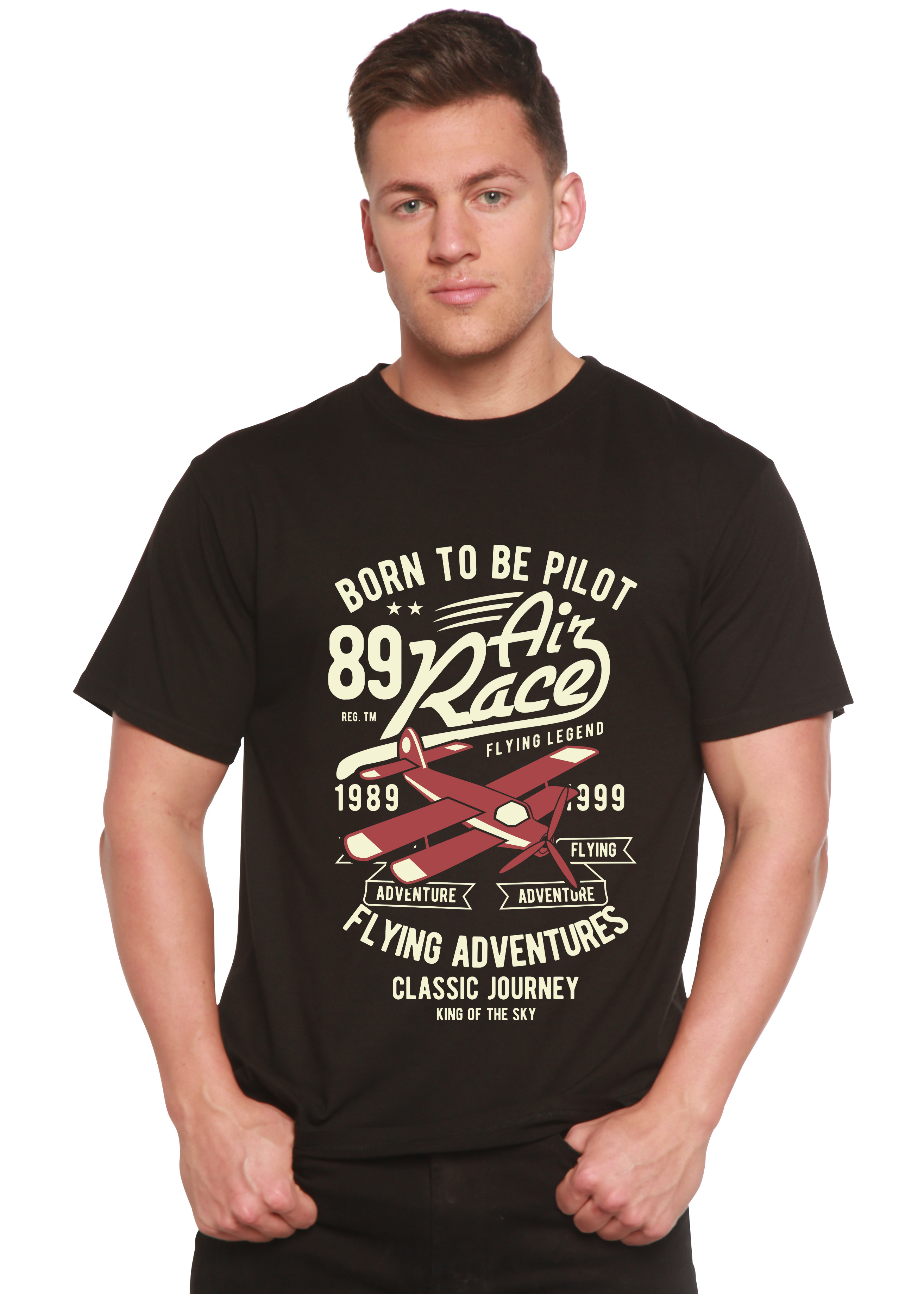 T-shirt graphique à manches courtes pour homme en viscose de bambou/coton biologique motif "Born To Be Pilot"