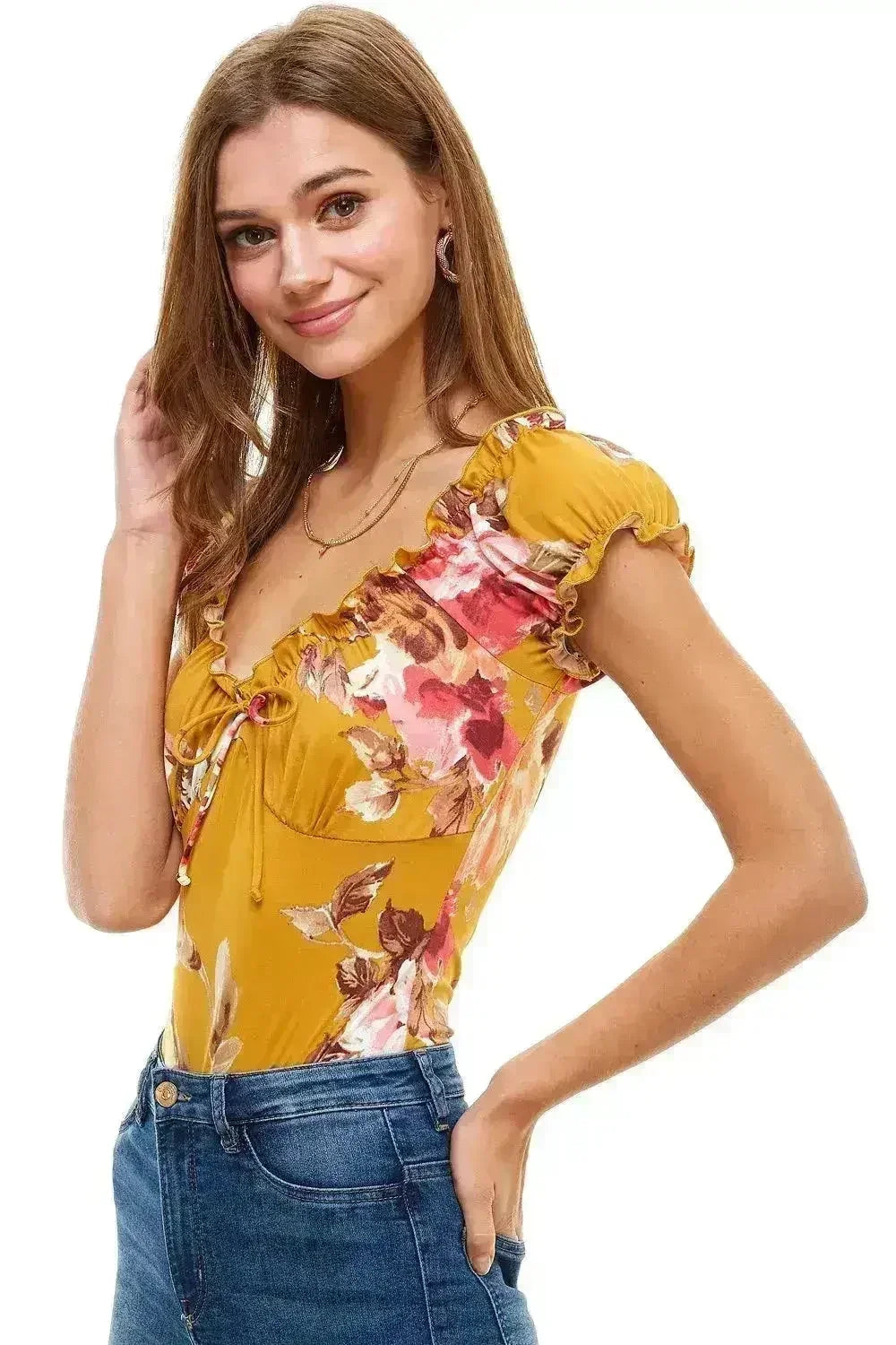 Body imprimé floral à manches bouffantes paysannes USA - Femstylo