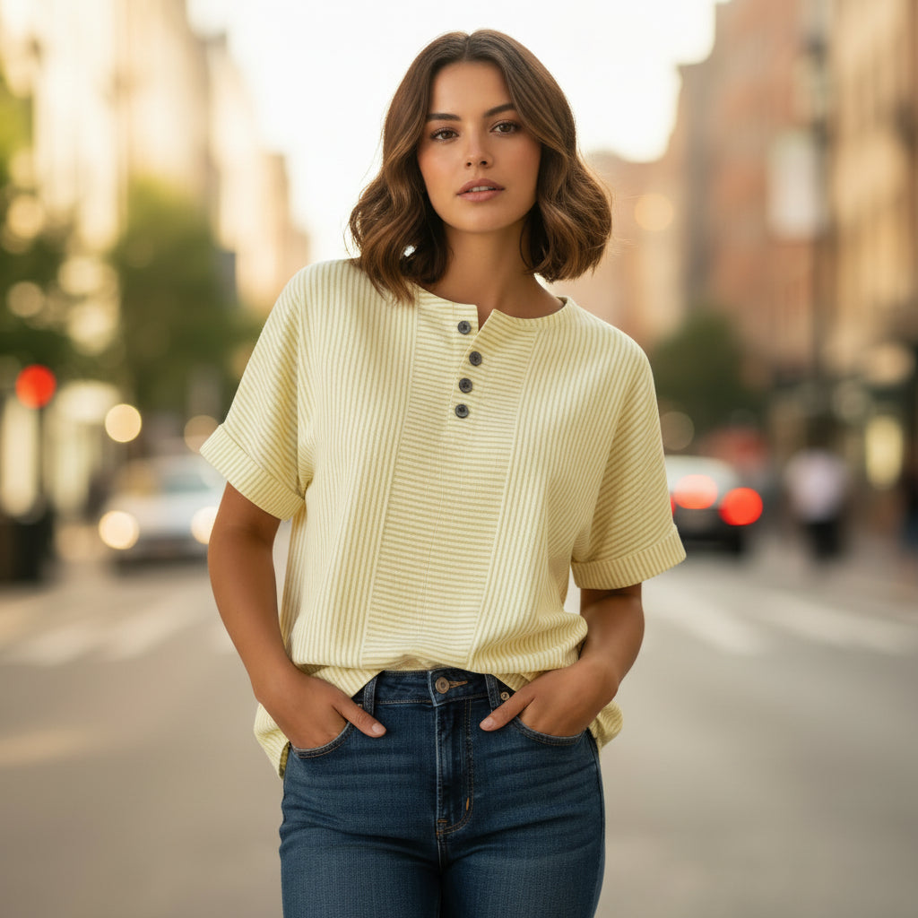 T-Shirt Rayé Femme en Coton et Lin – Col en V, Détails Boutonnés, Coupe Ample
