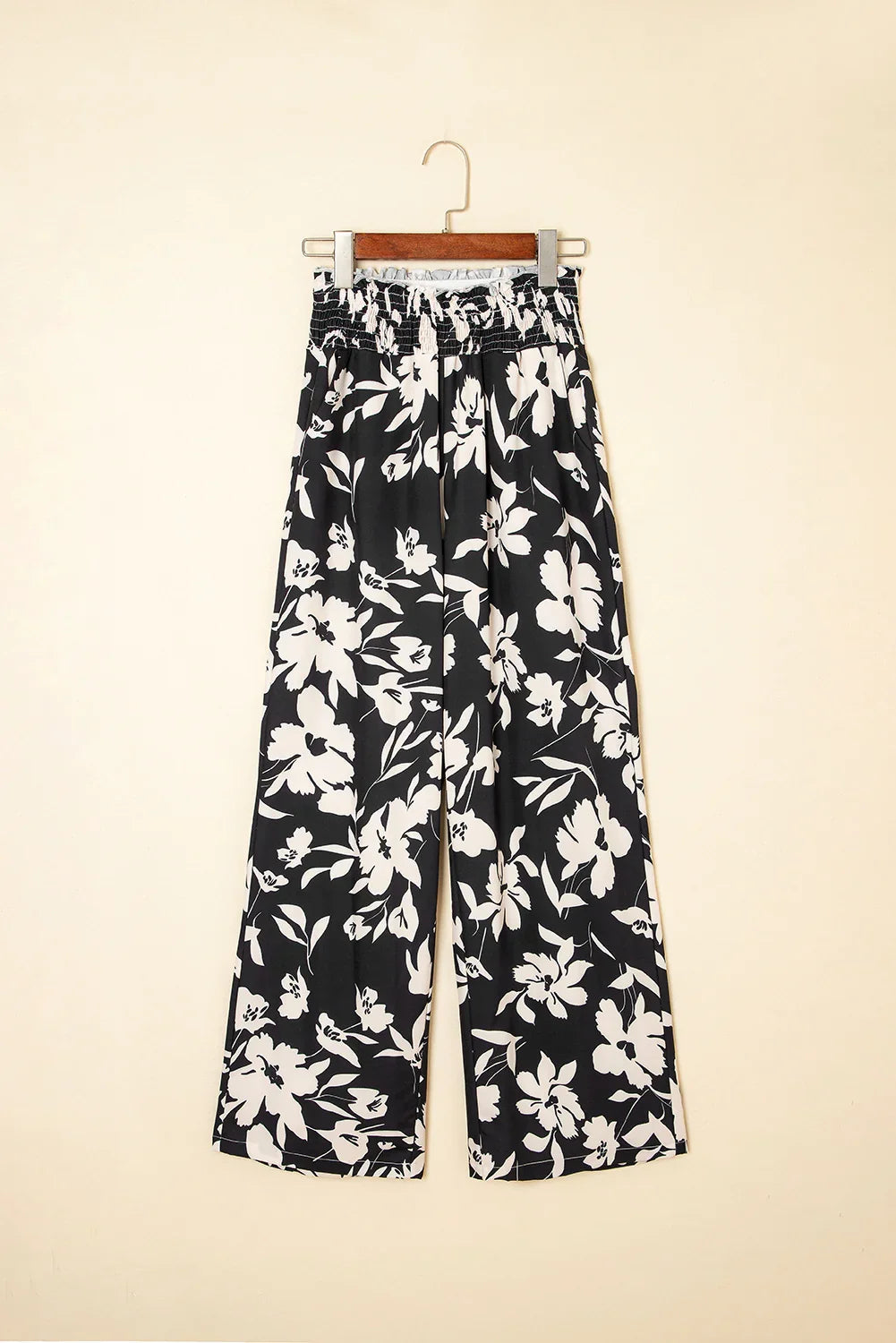 Pantalon ample bleu floral smocké à volants à la taille