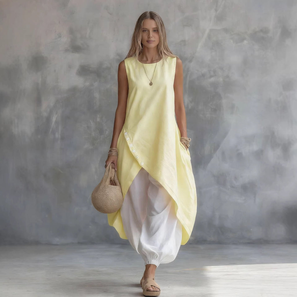Robe sans manches unie coupe ample avec poches plaquées