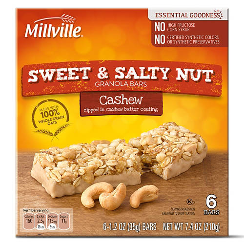 Barres granola noix de cajou sucrées et salées Millville, 6 unités