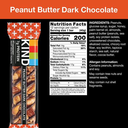 Kind Barres de Noix, Cacahuète Chocolat Noir, Snacks Sains, Sans Gluten, 8g Protéines, 12 Barres