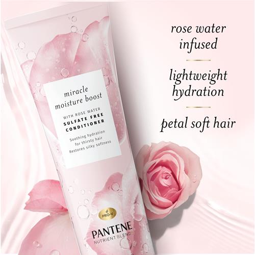 Pantene Nutrient Blends Miracle Moisture Boost – Revitalisant à l'eau de rose, sans sulfates, pour cheveux secs, 237 ml