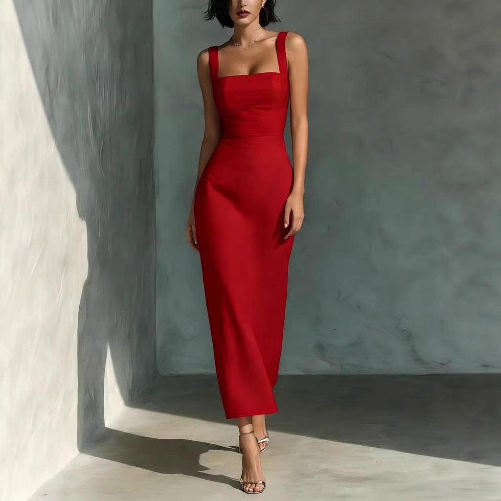 Robe Midi à Col Carré et Bretelles – Robe Taille Haute
