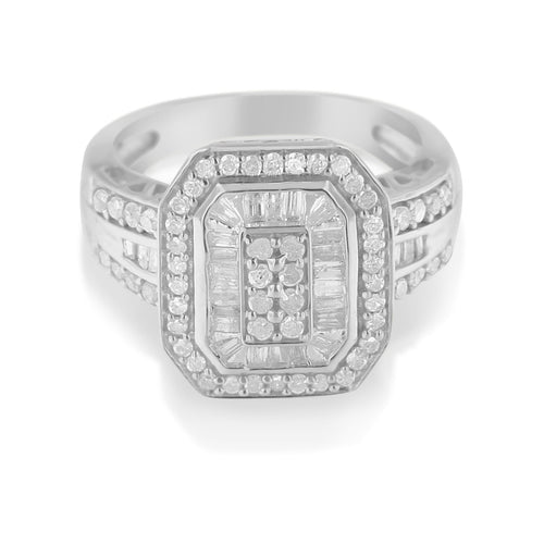.925 Sterling Silver 1.0 Cttw Round and Baguette Cut Diamond Elongated Octagon Shaped Cocktail Ring (H-I Color, I2-I3 Clarity) - Size 7
