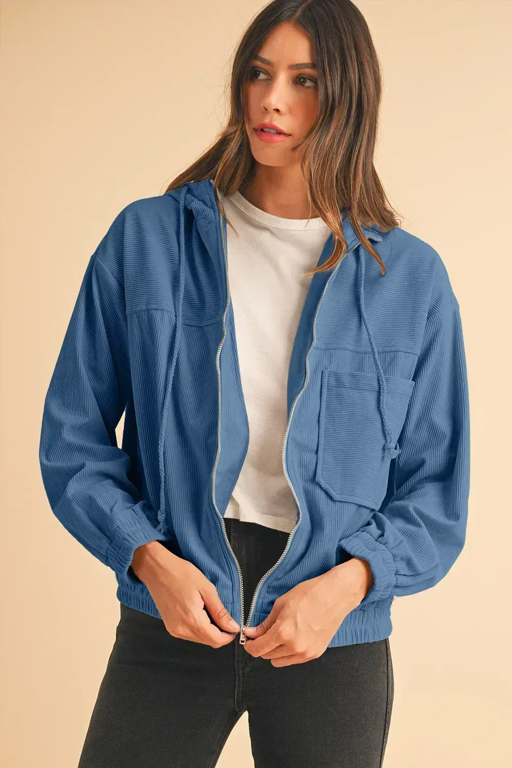 Veste à capuche zippée en velours côtelé bleu sarcelle véritable – Femstylo