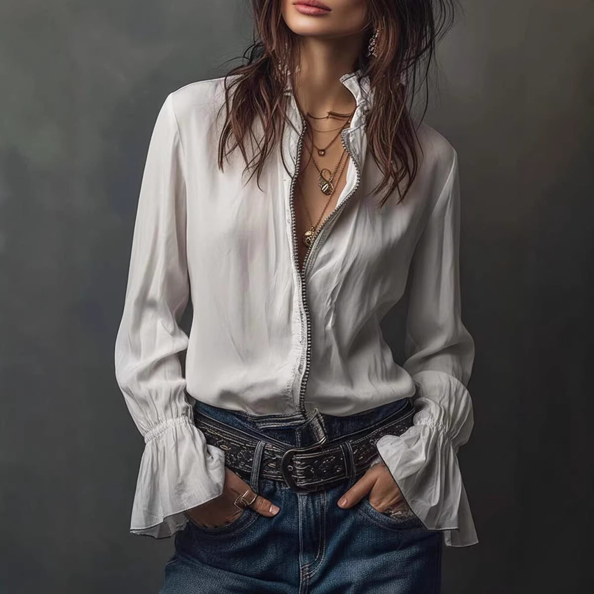 Chemisier de plage femme à manches volantées – Blouse longue décontractée extensible