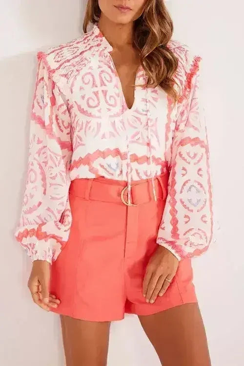 Chemisier à col poète smocké imprimé vintage Fleur du désert | Femstylo
