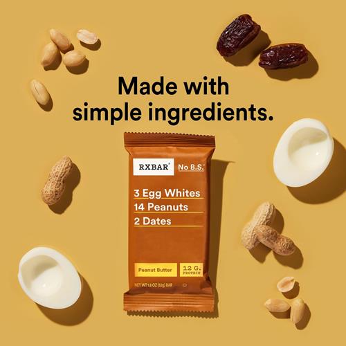 Barres protéinées Rxbar, 12g de protéines, snacks sans gluten, barres snack, beurre de cacahuète, boîte de 623g (12 barres)