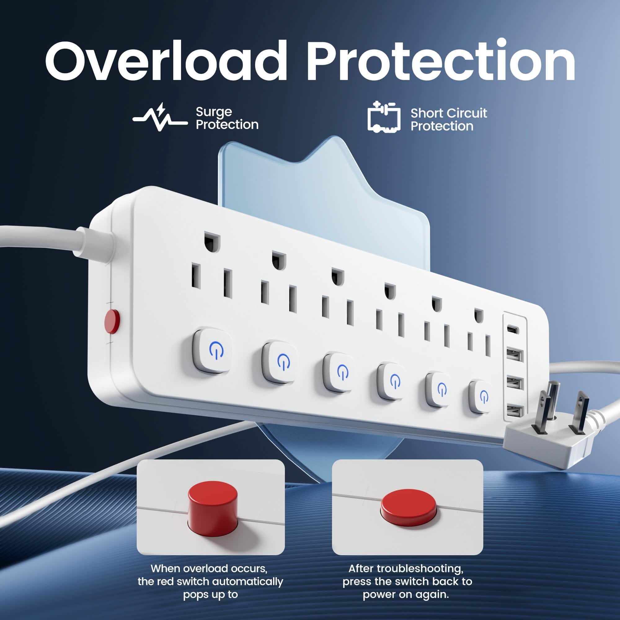 Multiprise 10-en-1 – 6 prises CA, 3 ports USB-A, 1 port Type-C