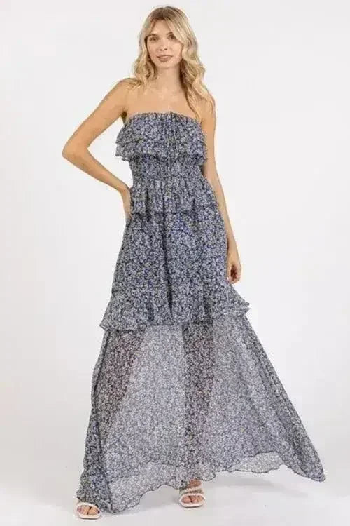 Robe longue à fleurs froncée et à col bénitier Mittoshop