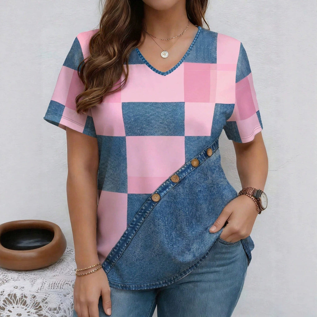 T-shirt en jean à col en V et manches courtes | T-shirt décontracté ample