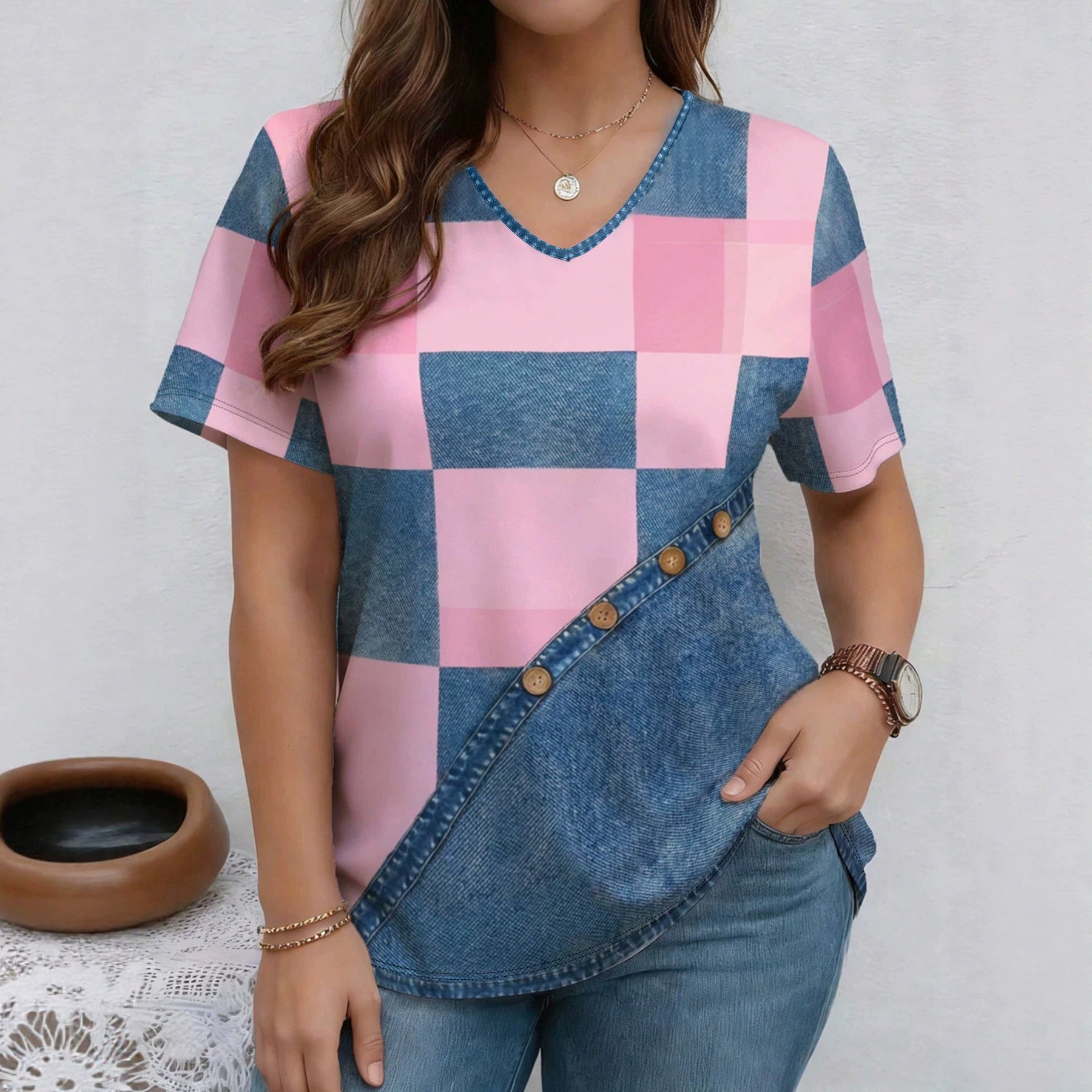 T-shirt en jean à col en V et manches courtes | T-shirt décontracté ample