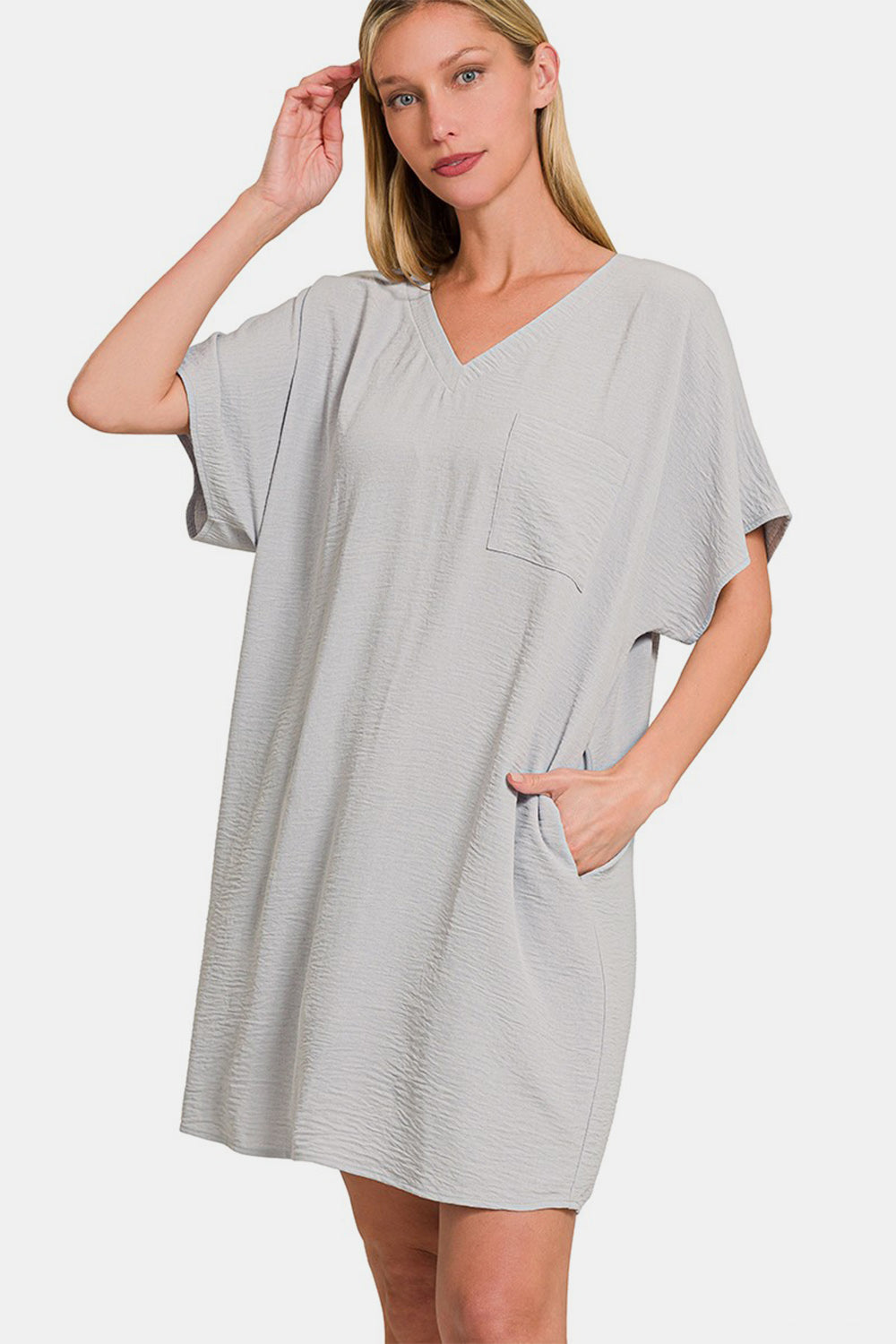 Robe T-shirt Col V à Poches Pour Femmes – Robe Col V Confortable, Robe T-shirt Chic Décontractée, Robe à Poches Pratique, Robe Col V Polyvalente, Robe Décontractée Quotidienne, Robe Coupe Ample, Robe à Poches Fonctionnelle