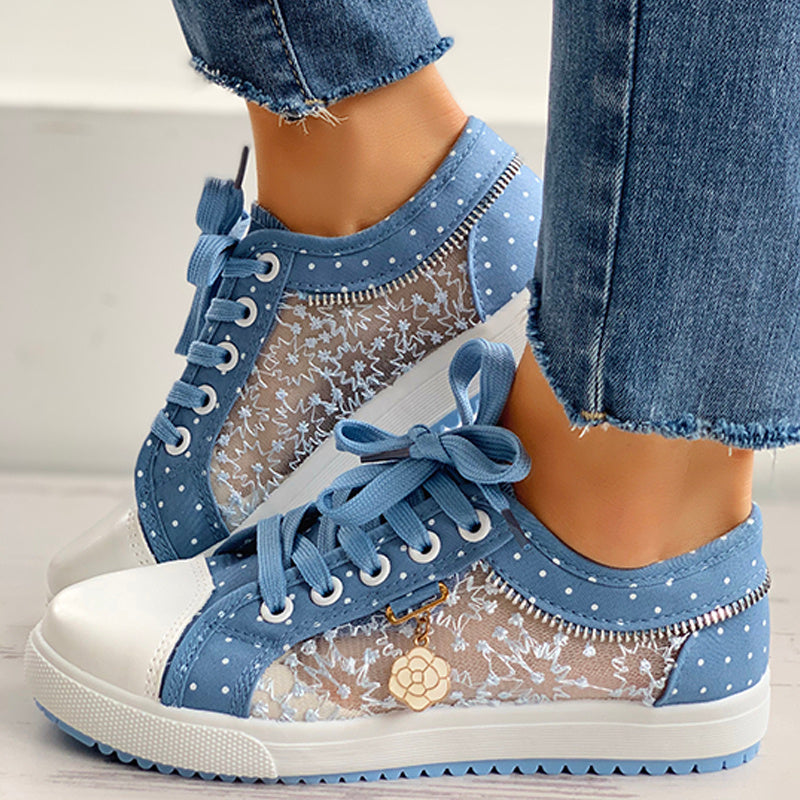 Baskets en toile décontractées à pois et broderies florales pour femme