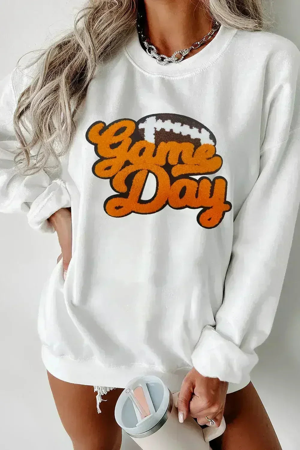 Sweat-shirt pull en chenille blanche à motif rugby et football pour les jours de match