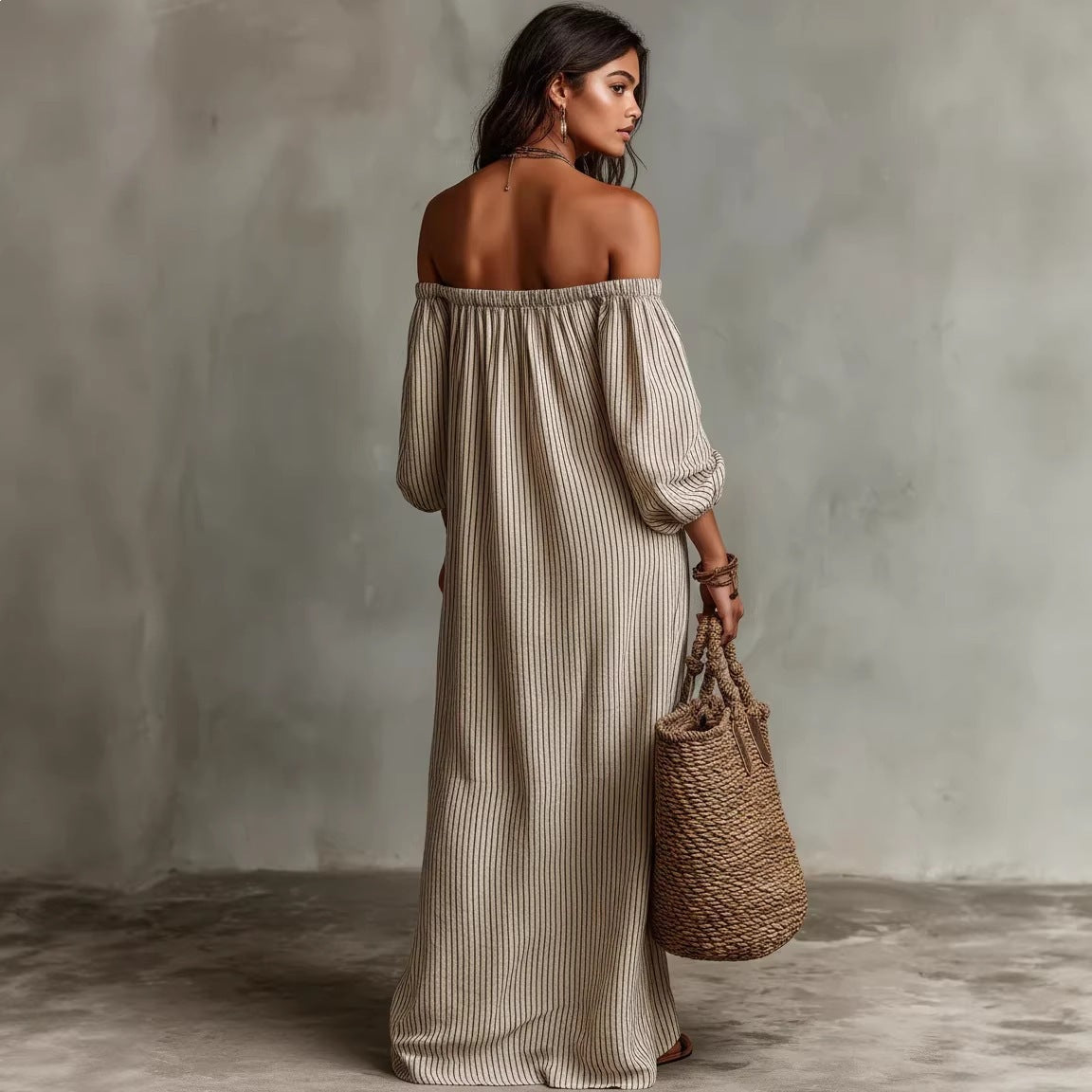 Robe longue femme à épaules dénudées et manches longues
