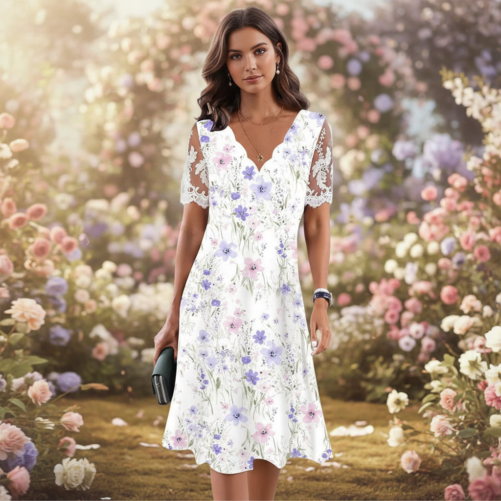 Robe midi évasée à taille haute, en dentelle florale et encolure à volants pour femme