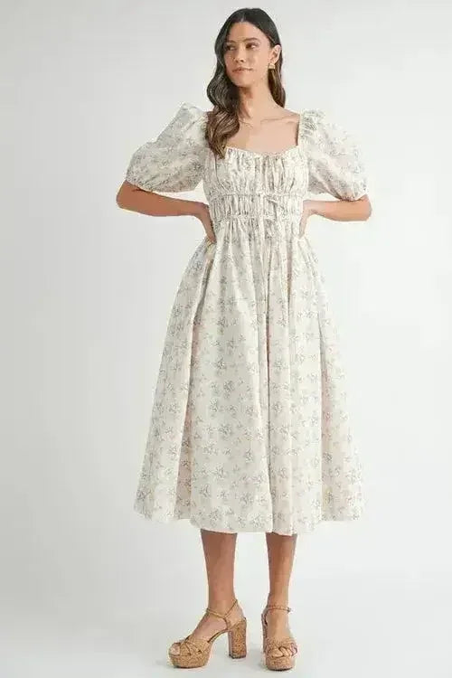 Robe midi MABLE à manches bouffantes avec cordon de serrage et motif floral