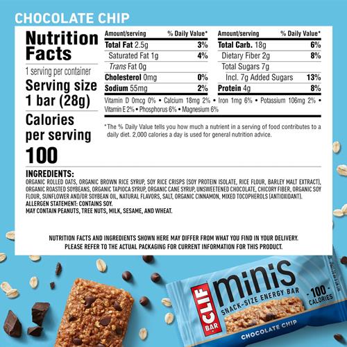Clif Bar Minis - Pépites de chocolat - À base d'avoine biologique - 4 g de protéines - Sans OGM - D'origine végétale - Barres énergétiques format mini - 28 g (lot de 20)