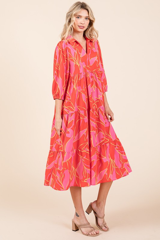 Nouvelle robe midi d'été à plusieurs niveaux, imprimée et col chemise pour femme – Une robe élégante et polyvalente au style raffiné et féminin