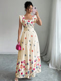 Robe fleurie à manches bouffantes et taille cintrée pour femme