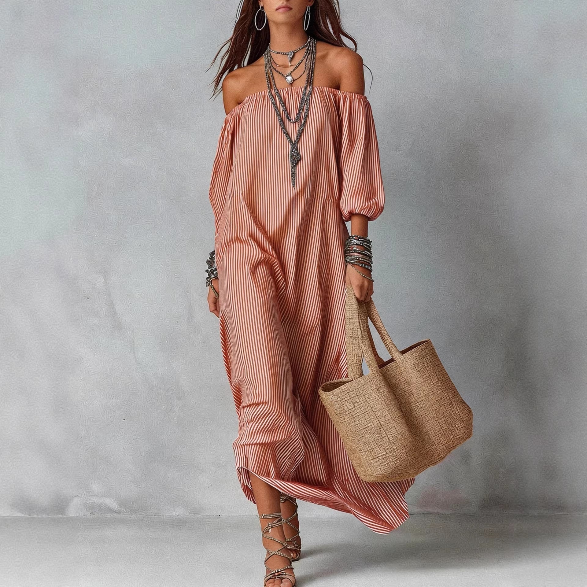 Robe longue évasée ample à rayures pour femme – Vacances