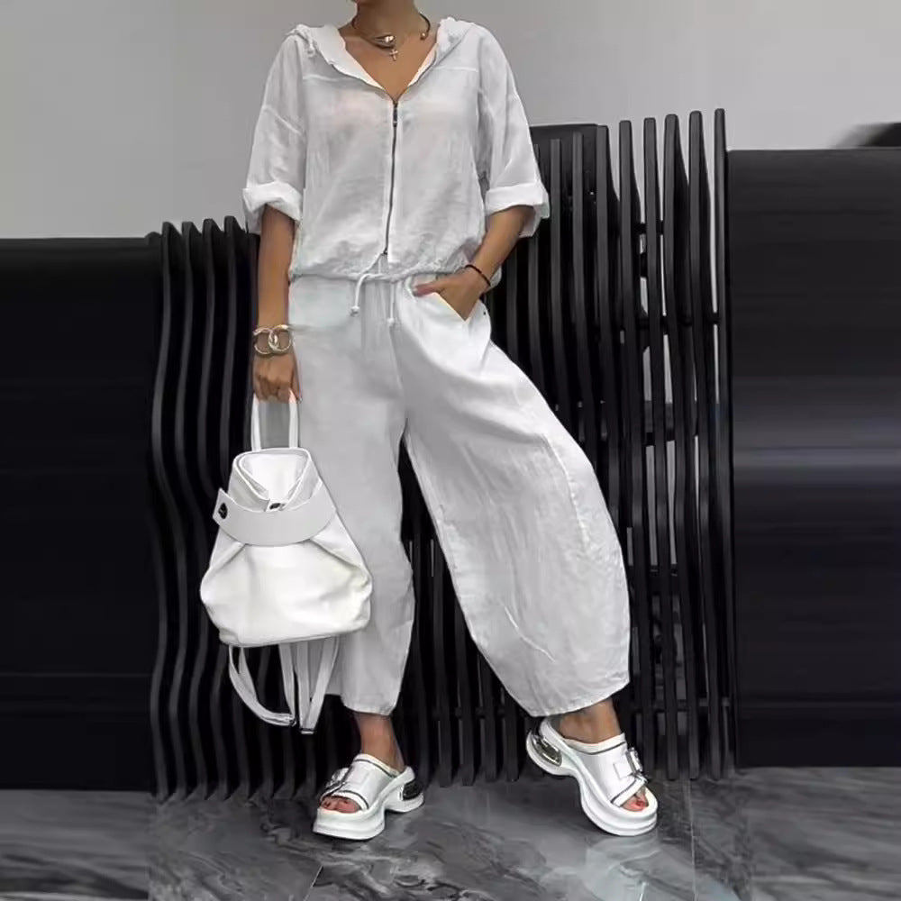 Ensemble haut et pantalon femme en coton et lin à manches longues