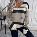 Pull rayé vintage français pour femme | Col en V, manches longues, tricot extensible