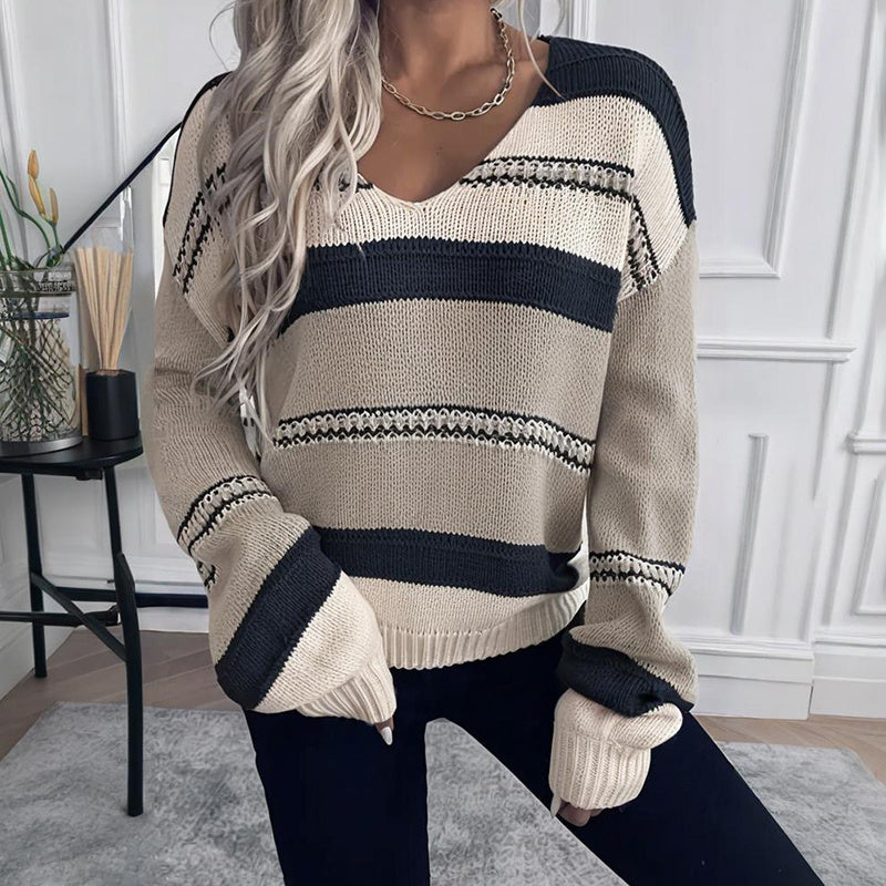 Pull rayé vintage français pour femme | Col en V, manches longues, tricot extensible