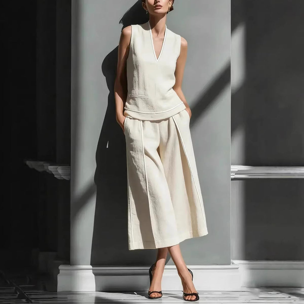 Ensemble chemise sans manches en lin et pantalon court pour femme – Tenue décontractée 2 pièces