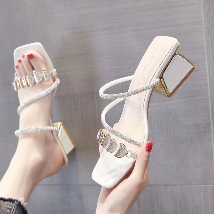 Sandales à talon mi-épais pour femme, style coréen, avec strass et bride unique