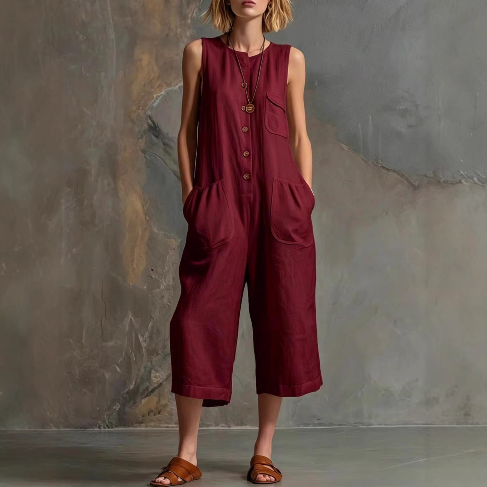 Combinaison courte rétro sans manches à jambes larges pour femme