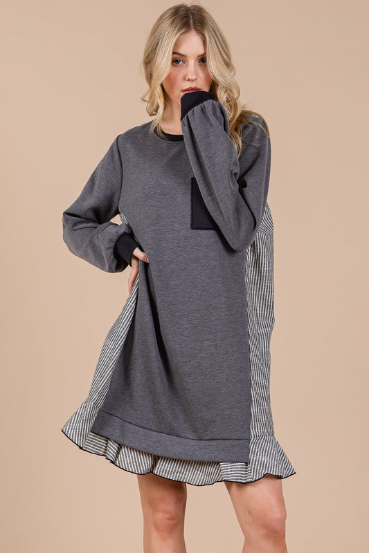 Robe Pull Éponge Femme Col Rond Rayée Patchwork – Décontractée, Tendance, Confortable, Ludique, Ambiance Relax pour Tous les Jours
