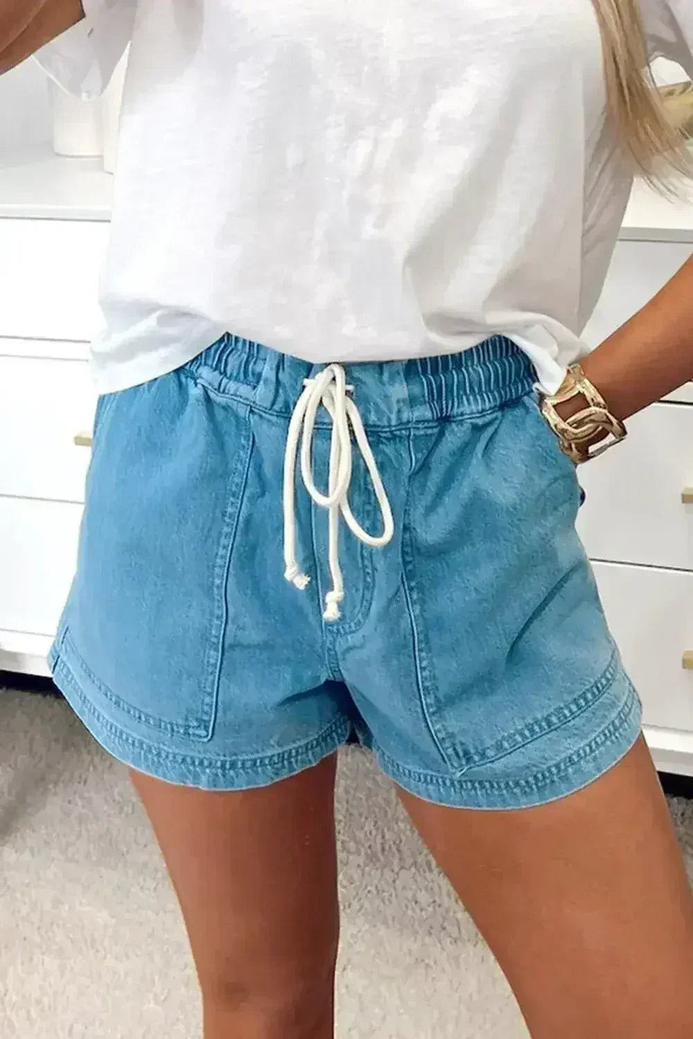 Short en jean Beau Blue avec taille élastique et cordon de serrage
