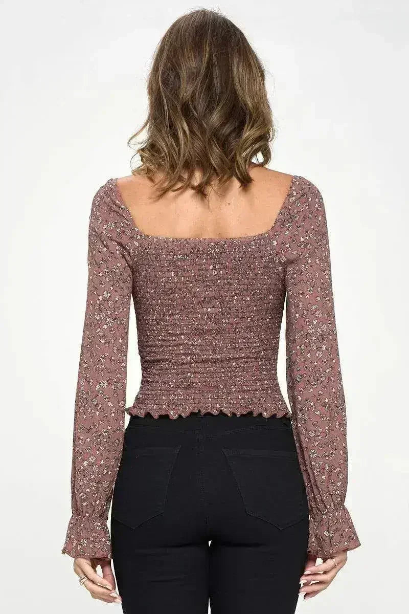 Haut floral froncé à manches longues - Blouse à col volanté Mauve et Moutarde | Femstylo