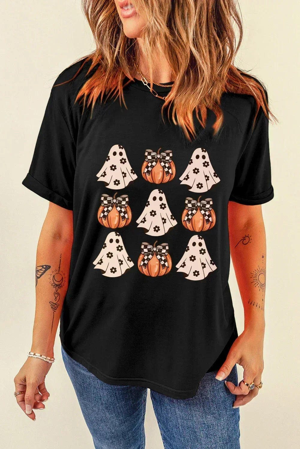 T-Shirt à col rond avec motif citrouille fantôme d'Halloween noir
