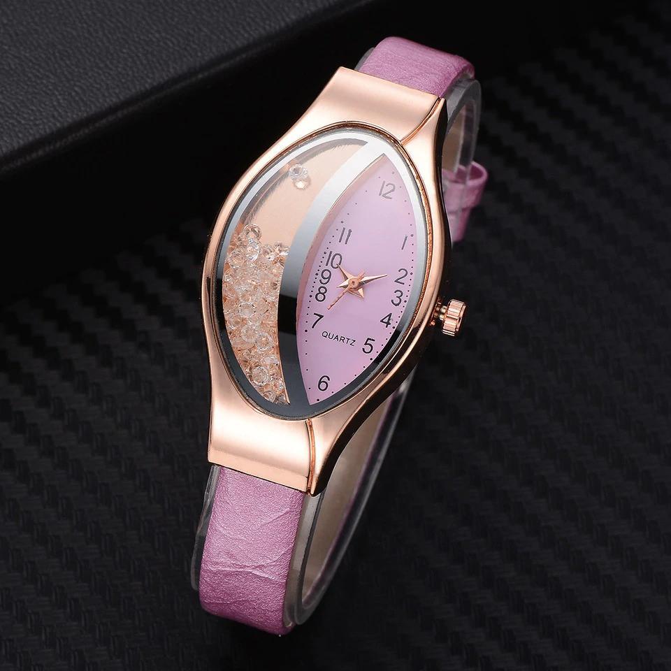 Montre de luxe Ellipse en PU à bracelet en cuir pour femmes, montre-bracelet à quartz sport en strass pour femmes et jeunes filles